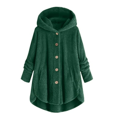 UoCefik Long Coat Women Fuzzy Warm Fleece Jacket Winter Oversized Button Down Cardigan Hooded Fall Outwear Dark Green S