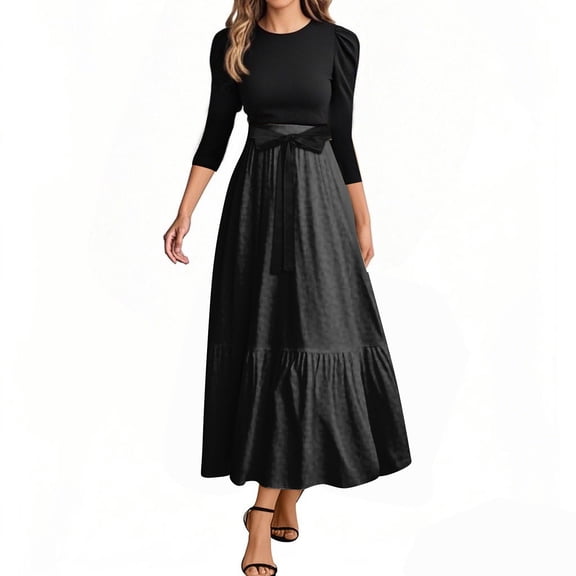 UoCefik Dresses for Women 2025 3/4 Sleeve Round Neck Knee Length Dress A Line Long Flowy Beach Dress, Black M