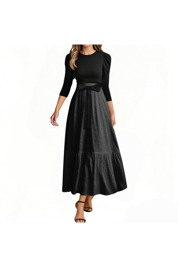 Long Floral Dresses for Women 2025 Elegant Boho Tie Belted Patchwork Empire Waist 3/4 Sleeve Modest Flowy Maxi Dress 2025 Black XL