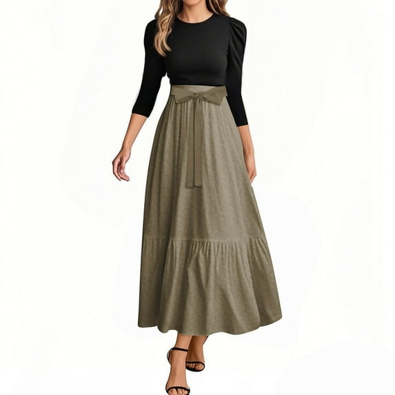UoCefik Long Floral Dresses for Women 2025 Elegant Boho Tie Belted Patchwork Empire Waist 3/4 Sleeve Modest Flowy Maxi Dress 2025 Brown XL