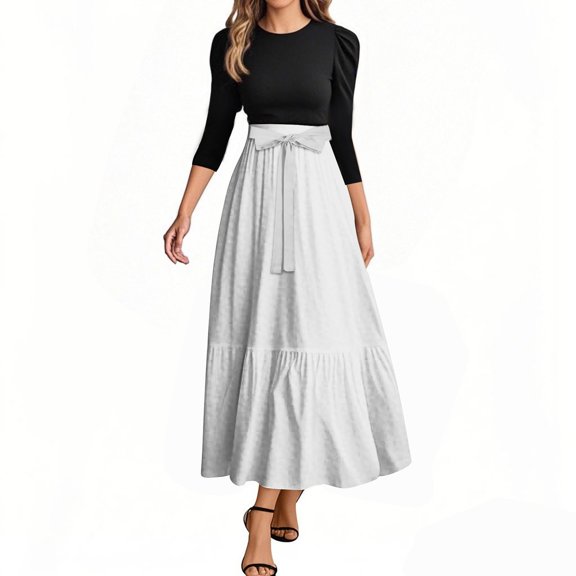 UoCefik Long Floral Dresses for Women 2025 Elegant Boho Tie Belted Patchwork Empire Waist 3/4 Sleeve Modest Flowy Maxi Dress 2025 White S