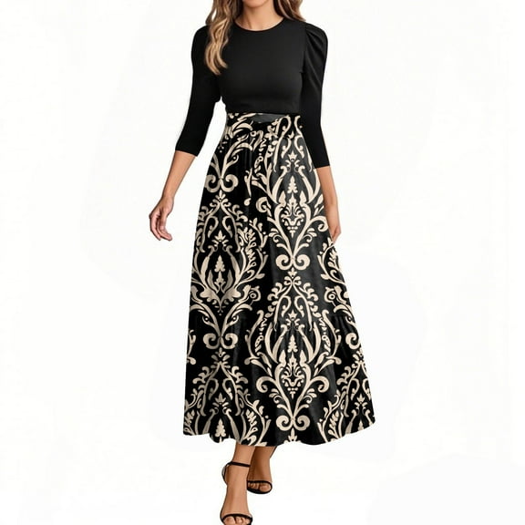 UoCefik Long Floral Dresses for Women 2025 Elegant Boho Tie Belted Patchwork Empire Waist 3/4 Sleeve Modest Flowy Maxi Dress, Beige M