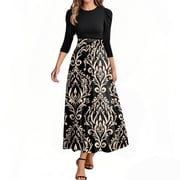 UoCefik Long Floral Dresses for Women 2025 Elegant Boho Tie Belted Patchwork Empire Waist 3/4 Sleeve Modest Flowy Maxi Dress, Beige M
