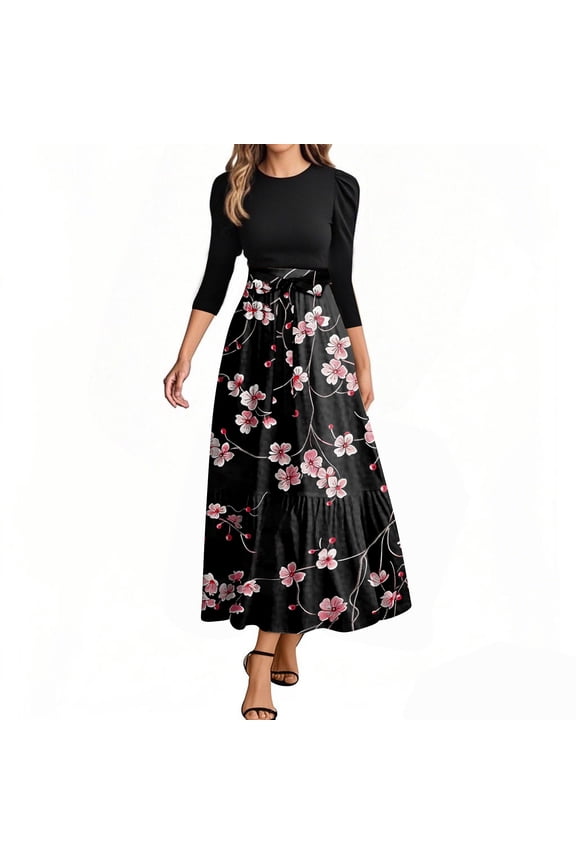 Long Floral Dresses for Women 2025 Elegant Boho Tie Belted Patchwork Empire Waist 3/4 Sleeve Modest Flowy Maxi Dress, Hot Pink M