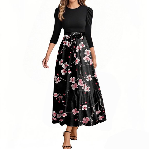 UoCefik Long Floral Dresses for Women 2025 Elegant Boho Tie Belted Patchwork Empire Waist 3/4 Sleeve Modest Flowy Maxi Dress, Hot Pink XXL