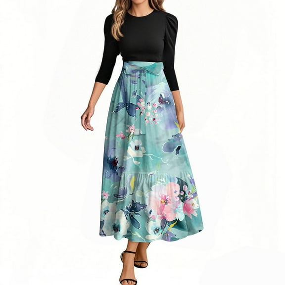 UoCefik Long Floral Dresses for Women 2025 Elegant Boho Tie Belted Patchwork Empire Waist 3/4 Sleeve Modest Flowy Maxi Dress, Light Blue M