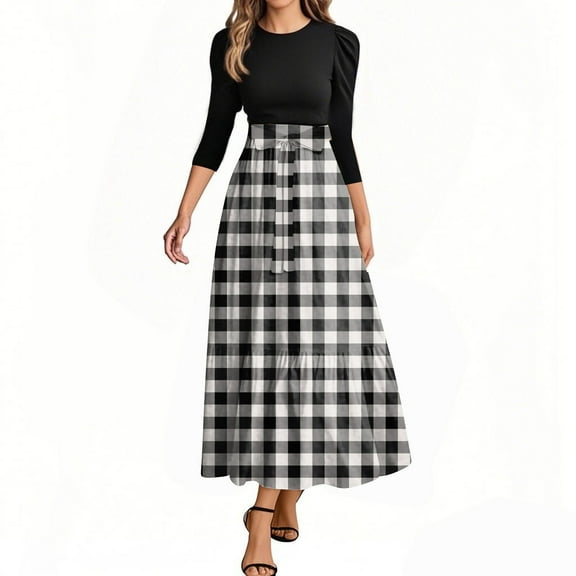 UoCefik Long Floral Dresses for Women 2025 Elegant Boho Tie Belted Patchwork Empire Waist 3/4 Sleeve Modest Flowy Maxi Dress, Light Gray XXL