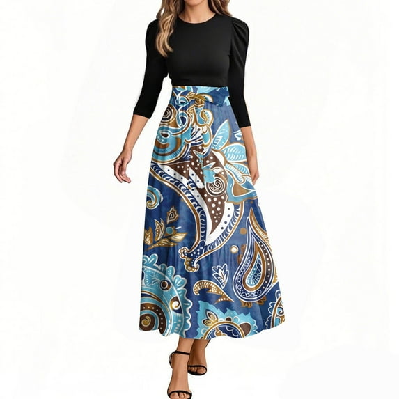 UoCefik Long Floral Dresses for Women 2025 Elegant Boho Tie Belted Patchwork Empire Waist 3/4 Sleeve Modest Flowy Maxi Dress, Multicolor XL