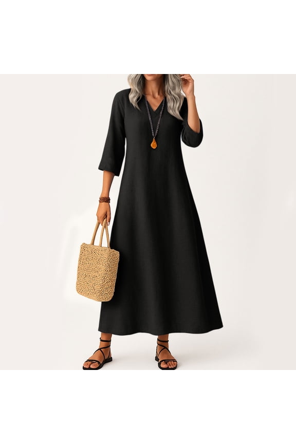 Long Linen Dress for Women Business 3/4 Sleeve V Neck Shift Dresses Plus Size Casual Flowy Dress Boho Fall Beach Vacation Sundress Black S