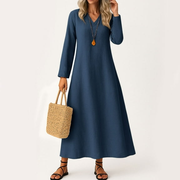 UoCefik Long Linen Dresses for Women 2025 Business Sleeve Flowy Dress Modest Casual V Neck Sundress Elegant Fall Beach Vacation Dresses Navy S