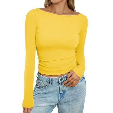UoCefik Long Sleeve Compression Shirts for Women Cute Slim Fit Crop Tops Casual Boat Neck Solid Color Basic Tee Shirts Tight Clearance Clothes Yellow L
