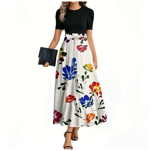 UoCefik Maxi Dress For Women Summer Floral Elegant Wedding Guest Dress Wrap Short Sleeve Patchwork Casual Flowy Long Dresses Blue S