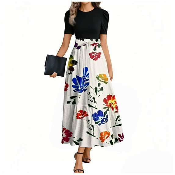 UoCefik Maxi Dress For Women Summer Floral Elegant Wedding Guest Dress Wrap Short Sleeve Patchwork Casual Flowy Long Dresses Blue S