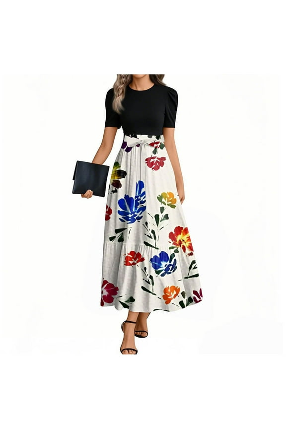 Maxi Dress For Women Summer Floral Elegant Wedding Guest Dress Wrap Short Sleeve Patchwork Casual Flowy Long Dresses Blue S