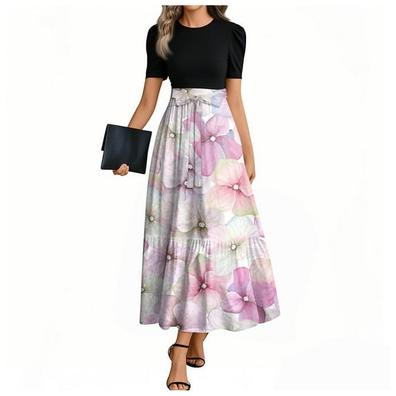 UoCefik Maxi Dresses For Women Flowy Floral Short Sleeve Wedding Guest Dresses Tie Belted Summer Ruffle Hem Fashion Casual Elegant Long Dress Pink S