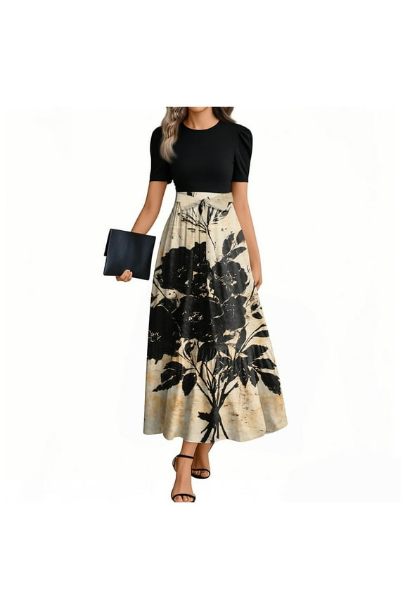 Maxi Sundresses For Women Summer Floral Short Sleeve Long Dresses Tie Belted Flowy Sundress Business Casual Elegant a Line Dress Black M