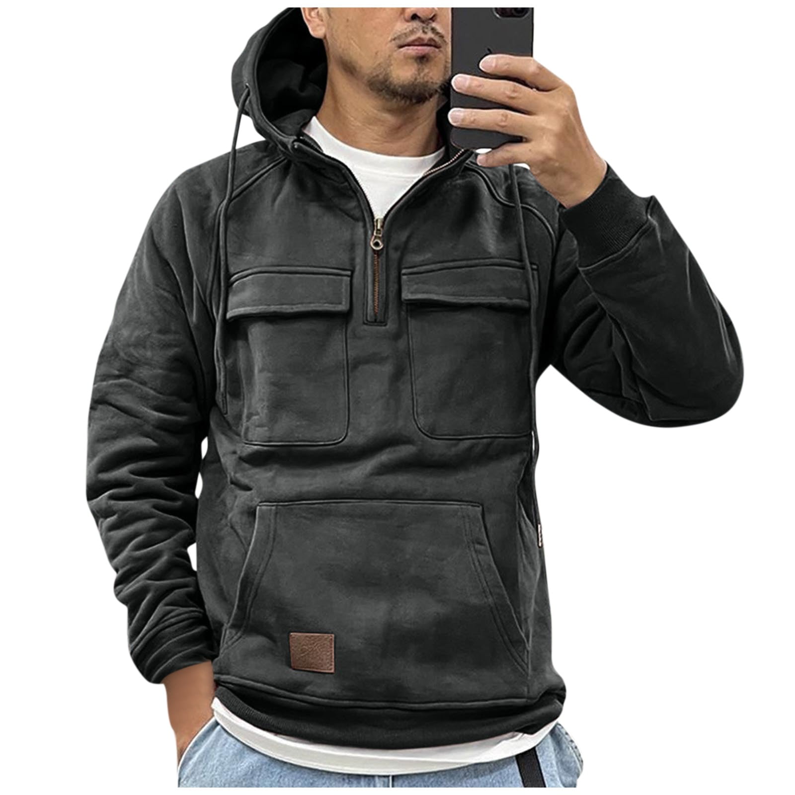 UoCefik Mens Quarter Zip Sweatshirt Workout Gym Cargo Pullover Hoodies