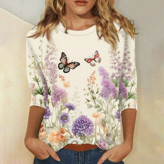 UoCefik Oversized Tshirts Shirts for Women Elbow 3/4 Length Sleeve Floral Womens Work Shirts or Blouses Half Sleeve V Neck Plus Size Dress Blouses Dress Tops for Older Women Purple 3XL