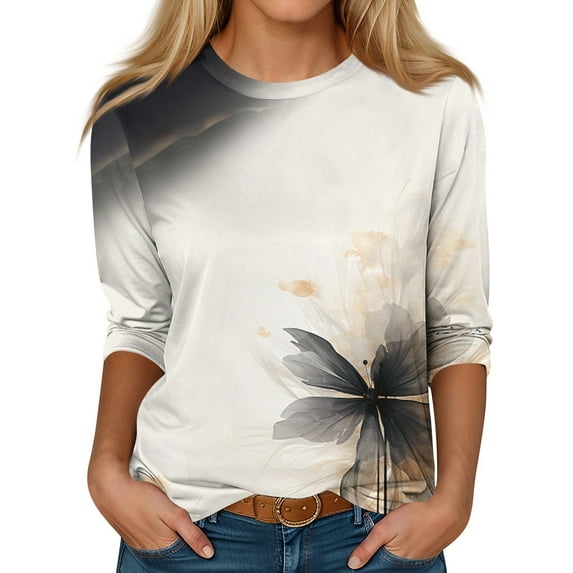 UoCefik Oversized Tshirts Shirts for Women Elbow 3/4 Length Sleeve Floral Womens Work Shirts or Blouses Half Sleeve V Neck Plus Size Dress Blouses Womens Dress Tops for Older Women Khaki M