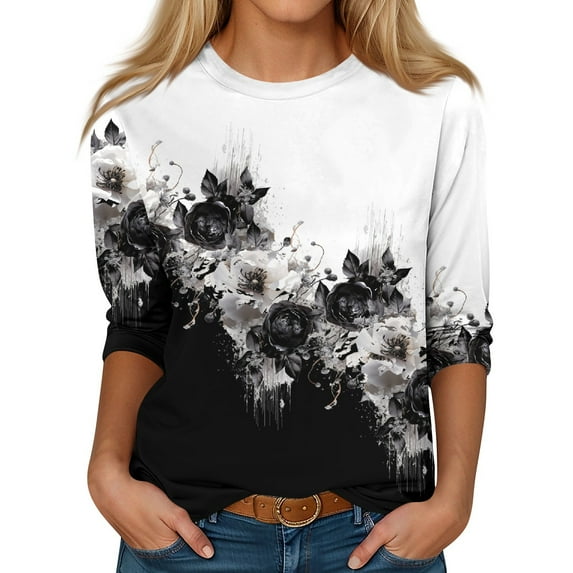 UoCefik Oversized Tshirts Shirts for Women Elbow 3/4 Length Sleeve Floral Womens Work Shirts or Blouses Half Sleeve V Neck Plus Size Dress Blouses Womens Dress Tops for Older Women Dark Gray XXL