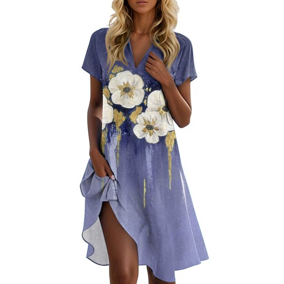 UoCefik Plus Size Dresses For Curvy Women Sexy Casual Short Sleeve Floral Mid Length Dress Holiday V Neck Beach Summer Sundress Vacation Business Flowy Dresses Dark Blue XL