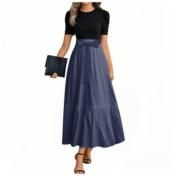 UoCefik Plus Size Maxi Dresses For Curvy Women Elegant Floral Print Short Sleeve a Line Dresses Tie Belted Flowy Ruffle Hem Petite Party Summer Dress Navy S