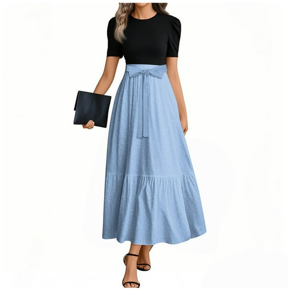 UoCefik Plus Size Maxi Dresses Elegant Floral Summer Dresses with Belt Short Sleeve Sundress Party Flowy Wedding Guest Dress Light Blue S