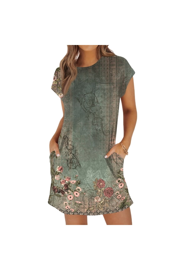 Plus Size Spring Dresses For Curvy Women Casual Short Sleeve Crewneck Mini Dress Trendy Ethnic Floral Holiday Summer Sundress Petite Beach A-Line Dresses with Pockets Dark Green XL