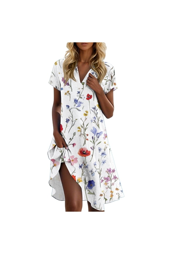 Plus Size Spring Dresses For Curvy Women Loose Fit Short Sleeve V Neck Knee Length Dresses Petite Sunflower Print Beach Summer Sundress Party Casual Flowy Dress Black XL