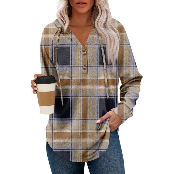 UoCefik Plus Size Women Hoodies Holiday Plaid Hooded V Neck Sweatshirt Fall Button Long Sleeve Tunic Hoodies Casual Drawstring Tops Fashion Travel Pullover Loose Fit Clothes Light Brown M