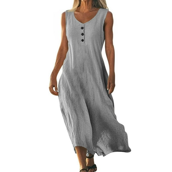 UoCefik Plus Size formal Dresses for Women Summer Sleeveless Flowy Linen Dresses Casual V Neck Elegant Beach Vacation Sundress Gray XXL