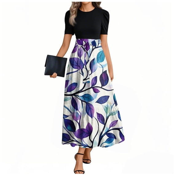 UoCefik Purple Wedding Dresses For Bride Elegant Floral Summer a Line Dress with Belt Short Sleeve Patchwork Plus Size Party Flowy Maxi Dresses XXL