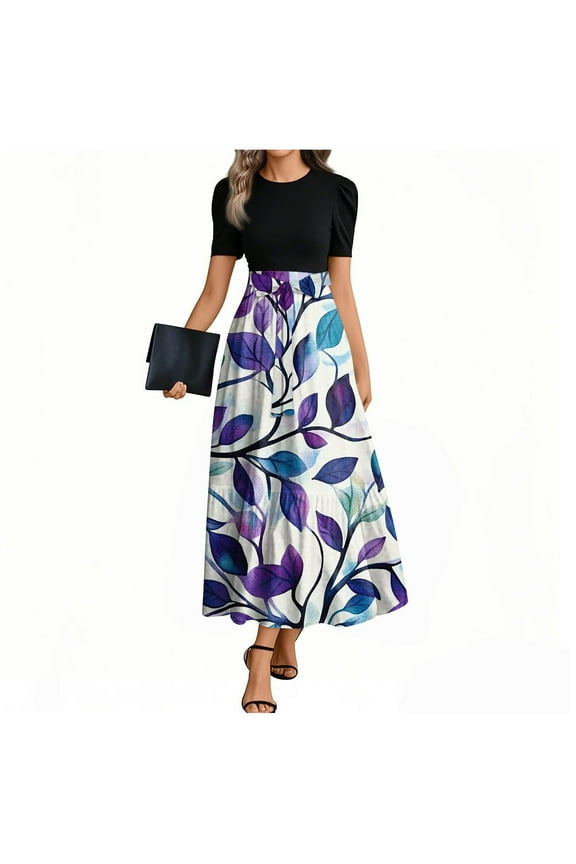 Purple Wedding Dresses For Bride Elegant Floral Summer a Line Dress with Belt Short Sleeve Patchwork Plus Size Party Flowy Maxi Dresses XXL