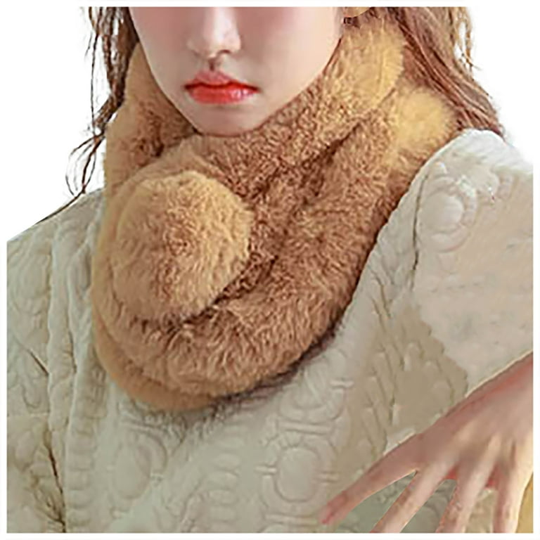 UoCefik Winter Scarf Women Faux Fur Collar with Pom Scarf Fluffy Scarves  for Khaki