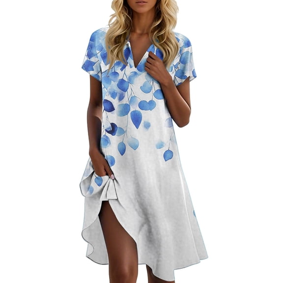 UoCefik Retro Dresses For Women Summer V Neck Short Sleeve Flowy Dresses Party Sunflower Print Plus Size Casual Sundress Trendy Beach a Line Mini Dress Cyan XXL