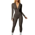 thumbnail image 1 of UoCefik Ribbed Long Sleeve Zip Front Bodycon Y2k Thumbhole Casual Full Bodysuit Coffee L, 1 of 5