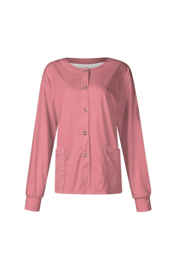 Scrub Jackets For Woman Solid Color Long Sleeve Front Warm Up Nurse Working Uniform Stretchy Coat Pink L