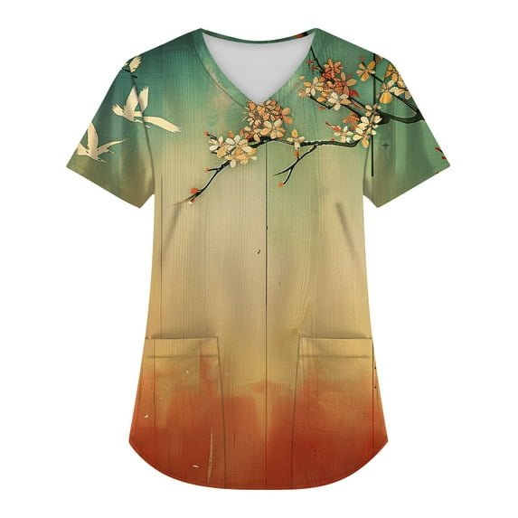UoCefik Scrubs for Women Tops Plus Size Holiday Summer Floral Short Sleeve Working Nurse Uniform with Pockets V Neck Nurse Scrubs 2024 Stretch Shirts Casual Orange 3XL