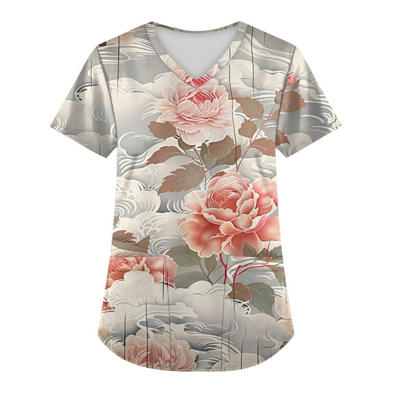 UoCefik Scrubs for Women Tops Stretch 2024 Short Sleeve Floral Nursing Uniforms Workwear Pockets V Neck Women Scrubs Casual Workout Shirts Summer White S