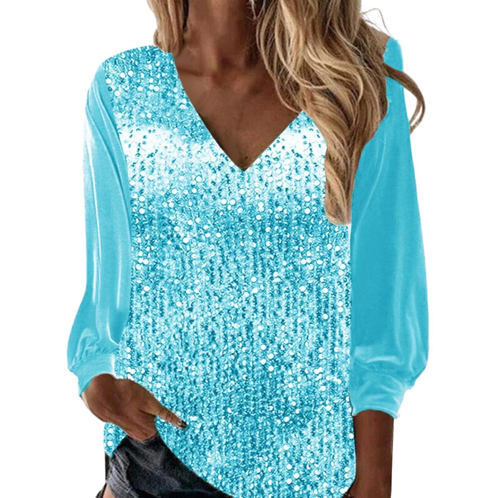 Uocefik Sequin Tops For Women Long Sleeve Evening Party Sparkly Glitter Blouses V Neck Holiday 4586