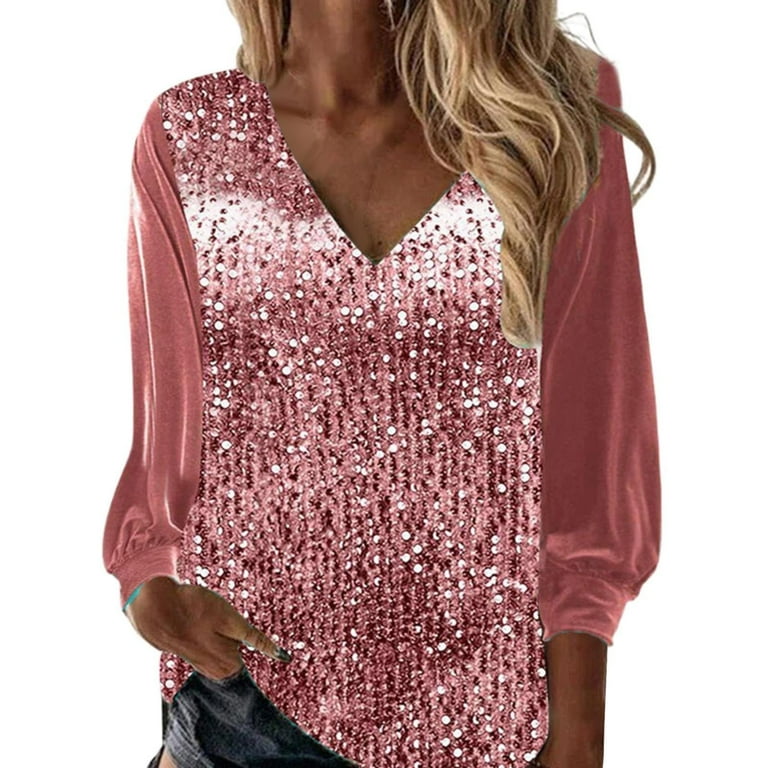 UoCefik Sequins Tops for Women Sparkly Holiday V Neck Sparkly Glitter Blouses Long Sleeve Evening Party Loose Fit Shiny Dressy Shirts Casual Plus Size Clothes Pink S Walmart