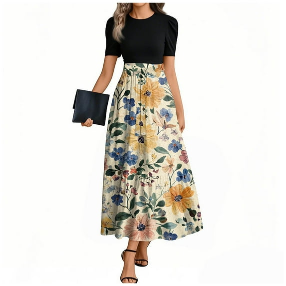 UoCefik Sexy Dresses For Women Birthday Summer Floral Print Short Sleeve Long Dress Wrap Flowy Empire Waist Fashion Casual Elegant Wedding Guest Dresses Orange L