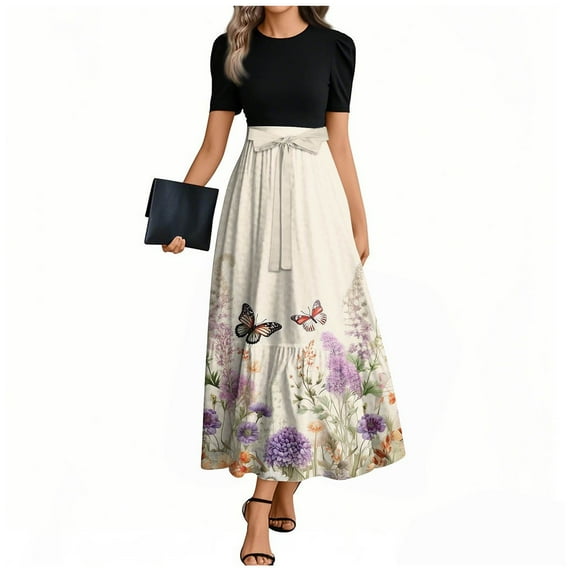 UoCefik Shirt Dresses For Women Summer Floral Print Short Sleeve Dress Tie Belted Flowy Empire Waist Cocktail Elegant Long Dresses Khaki M