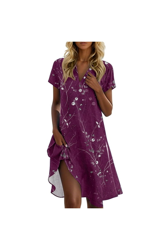 Short Dresses For Women Formal Beach V Neck Short Sleeve Flowy Dresses Business Floral Summer Casual Sundress Boho Vacation Knee Length Dress Dark Purple M