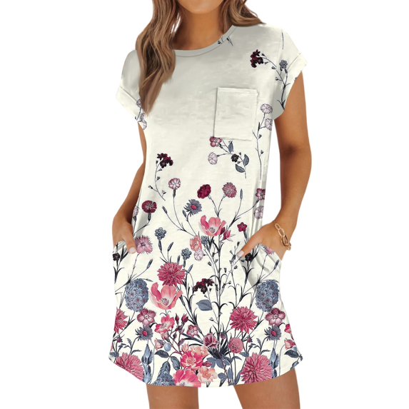 UoCefik Short Dresses For Women Summer Short Sleeve Ethnic Floral T-Shirt Dresses Holiday Crewneck Cute Casual Sundress Party Beach Mini Dress with Pockets Hot Pink M