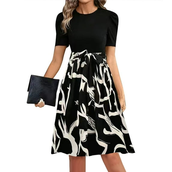 UoCefik Short Formal Dresses For Women Elegant Floral Summer Mini Dress Tie Belted Short Sleeve Empire Waist Plus Size Party Flowy Dresses Khaki S