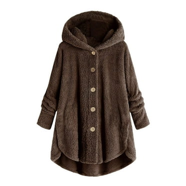 UoCefik Sports Jackets for Women Hooded Fleece Winter Wool Coat Fuzzy Warm Button Down Cardigan Oversized Sherpa Outwear with Pockets Brown S