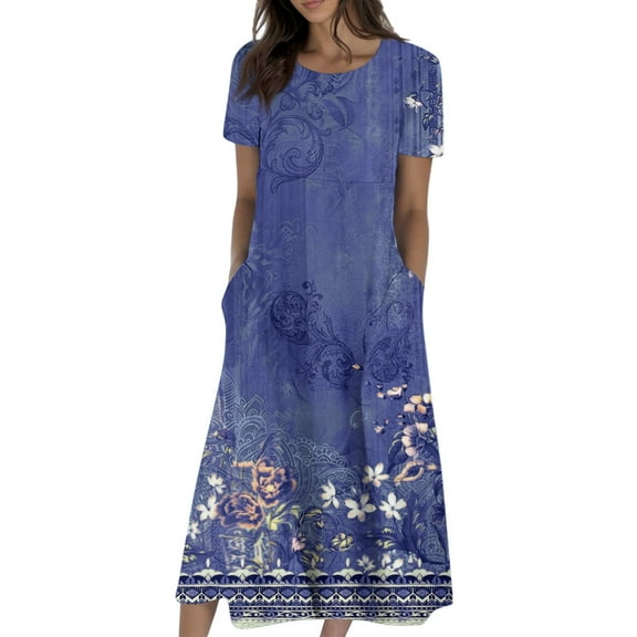 UoCefik Spring Dresses for Women 2025 Short Sleeve Round Neck Church Dresses Pleated Knee Length Dress with Pockets Curvy Dress Dark Blue L