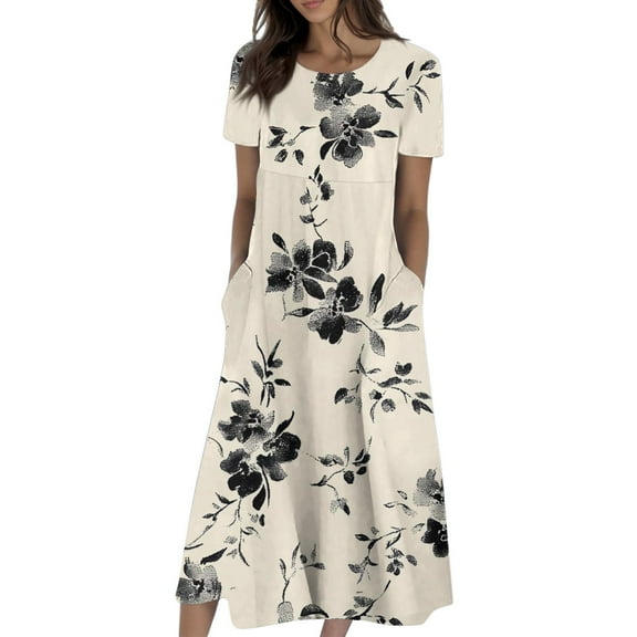 UoCefik Spring Dresses for Women 2025 Short Sleeve Round Neck Church Dresses Pleated Knee Length Dress with Pockets Curvy Dress Gray S