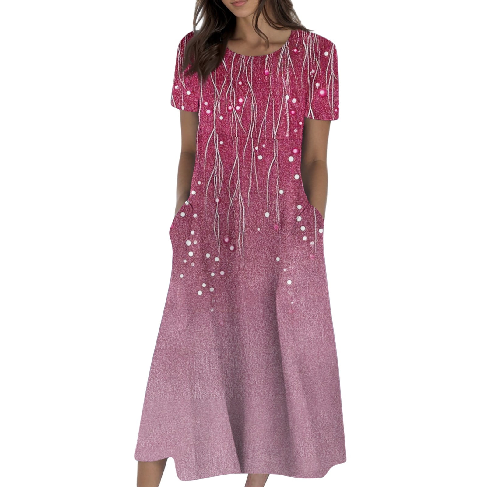 Uocefik Spring Dresses for Women 2025 Short Sleeve Round Neck Church Dresses Pleated Knee Length Dress with Pockets Curvy Dress Hot Pink XXL, Women's,